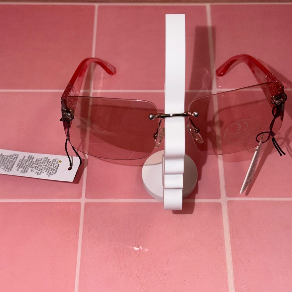 ASOS DESIGN Y2K Rimless Rectangular Sunglasses Pink Rhinestone Tinted Lens NEW